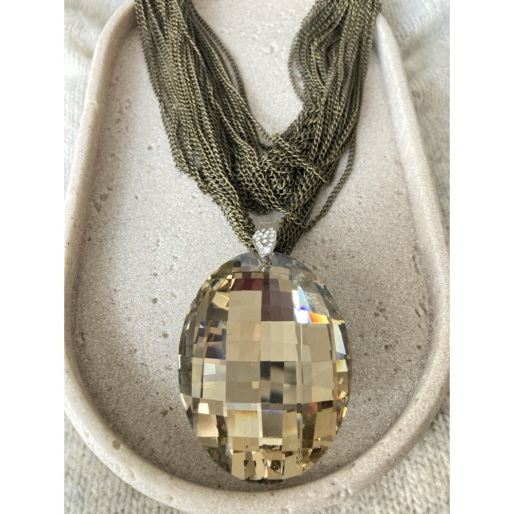 Bronze Tone Multi Strand Chain Necklace Large Champagne Faux Gem Pendant Bold‎